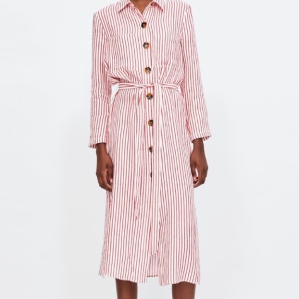 Zara Red Striped Button Front Linen Maxi Dress Size XS